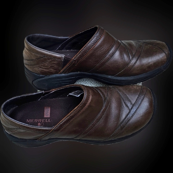 Merrell Brown Leather Comfort Shoes, Casual Loafers, Stretch Side Size 9 - Picture 1 of 10